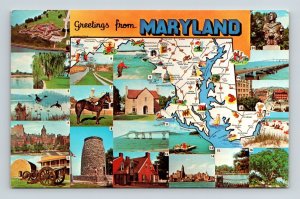Greeting Maryland State Map Multi View Scenic Landmarks Chrome Postcard 