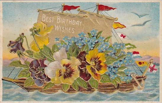 Birthday Greetings Boat Full Of Flowers Embossed