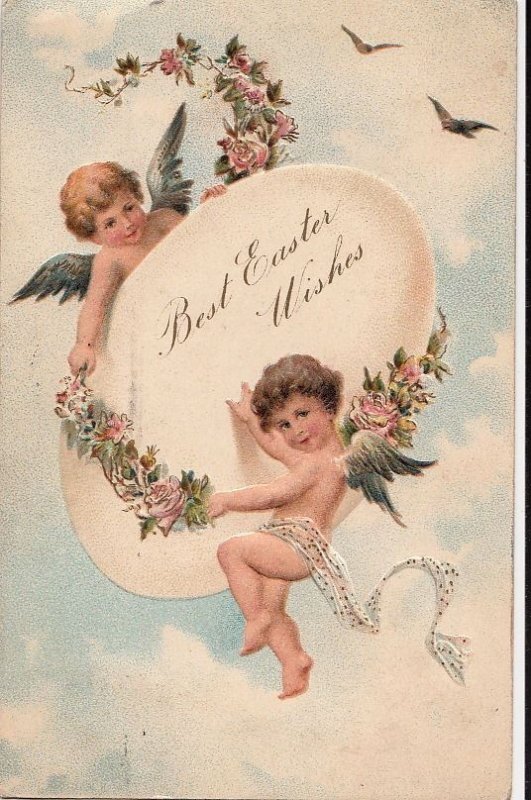 Postcard Best Easter Wishes Angles Flying with Giant Egg