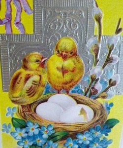 Easter Chick Series Postcard Vintage Embossed Silver Cross  Flowers Eggs Antique