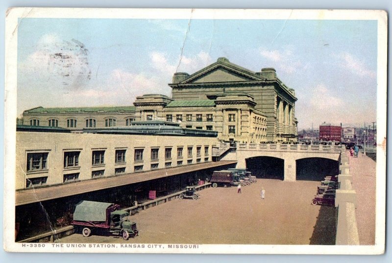 1935 The Union Station Train Depot Building Trucks Kansas City Missouri Postcard