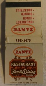 Zante Restaurant Family Dining Palos Illinois 20 Strike Matchbook Cover