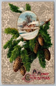 A Merry Christmas, Rural Winter Scene, Spruce Cones,  1910 John Winsch Postcard
