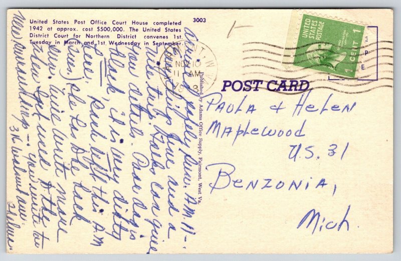 Fairmont West Virginia~US Post Office Courthouse~USA Flag~Moderne~Linen 1948 PC