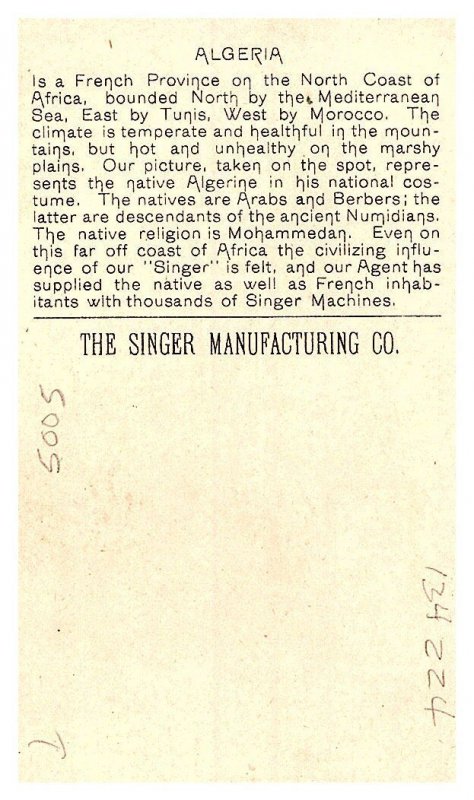 1892 Singer Manufacturing Trade Card - Algeria