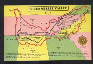 THE TENNESSEE VALLEY MAP VINTAGE LINEN POSTCARD