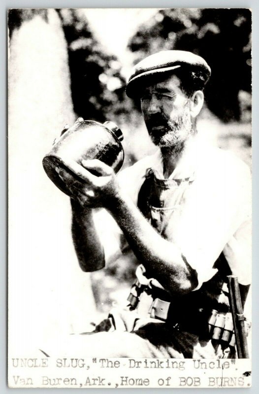 Van Buren Arkansas~Bob Burns' Uncle Slug~Drinking Uncle~Moonshine Jug~1940s RPPC 