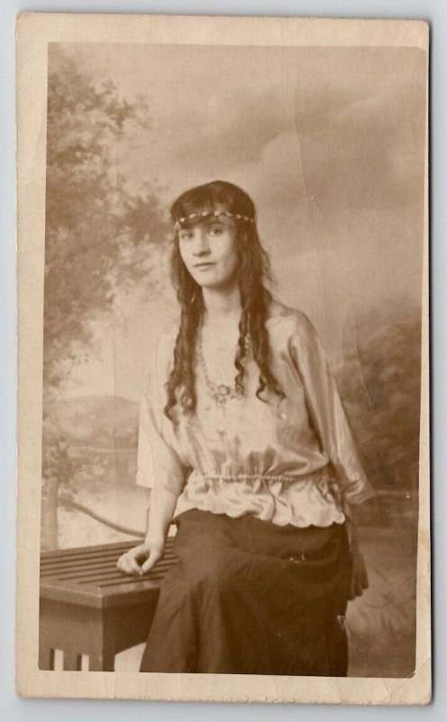 RPPC Lovely Woman Long Hair Beaded Headband Studio Lake Backdrop Postcard F29