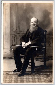 Postcard RPPC 1918 Studio Photo of Older Man with Cane Long Beard Golden Wedding