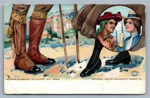 FOOTWEAR OF NATIONS SPAIN WOONSOCKET RI RUBBER CO ADVERTISING ANTIQUE POSTCARD