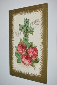 Easter Greeting Ivy Cross Pink Roses Embossed Postcard L. R. Conwell 403