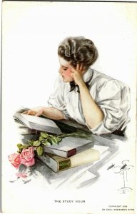 The Study Hour Artist Harrison Fisher Woman Studying Vintage Postcard A27