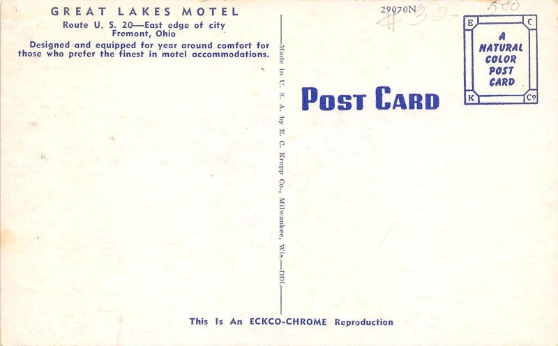 Fremont Ohio 1960s Postcard Great Lakes Motel