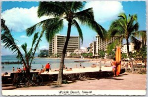 1961 Waikiki Beach Hawaii Bathers Surfers Palms Hotel Buildings Posted Postcard