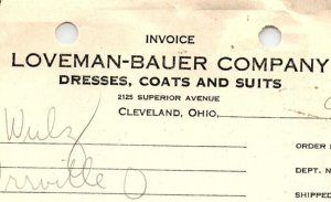 1939 LOVEMAN-BAUER CO. CLEVELAND OH DRESSES COATS SUITS BILLHEAD INVOICE Z1038