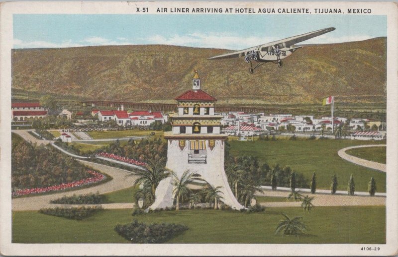 Postcard Air Liner Arriving Hotel Agua Caliente Tijuana Mexico