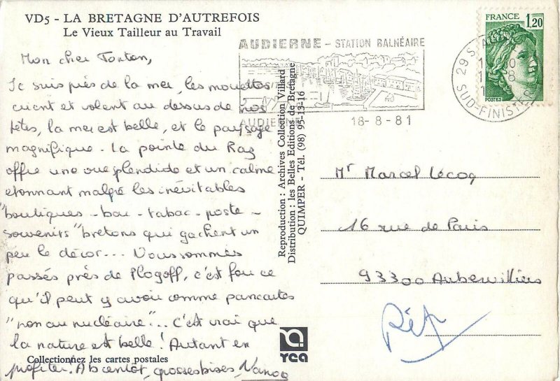 Postcard Metiers de France folk types bretagne autrefois vieux tailleur travail