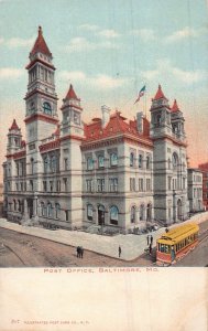 BALTIMORE MARYLAND~POST OFFICE-YELLOW TROLLEY~1900s POSTCARD