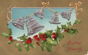 Vintage Postcard 1909 Christmas Greetings Bells And Leaves Holiday Greeting Card