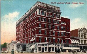 Postcard KS Topeka National Hotel Old Cars Buggy Shops External Stairs ~1910 S85