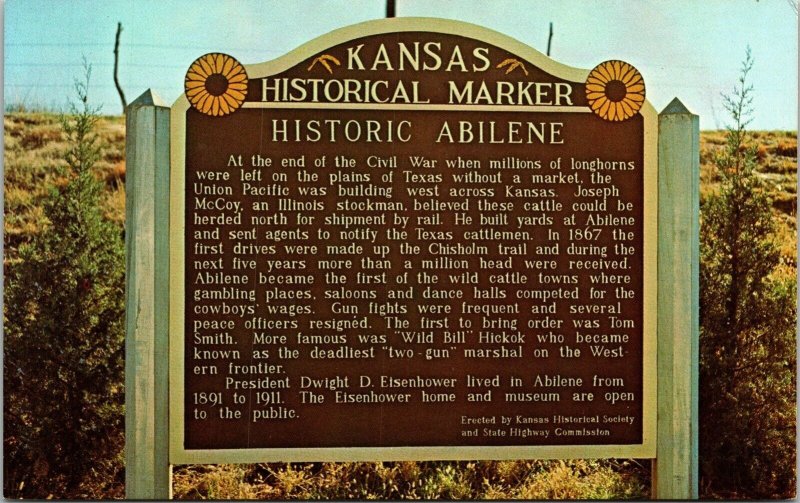 Kansas Historical Marker Historic Abilene KS Sign Postcard VTG UNP Vintage 