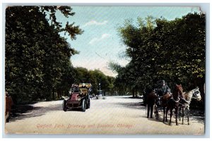Chicago Illinois Postcard Garfield Park Driveway And Fountain 1911 Car Carriage