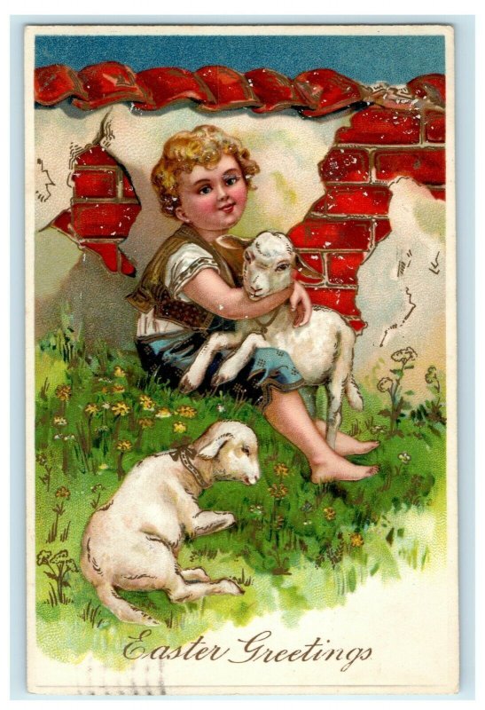 1910 Easter Greetings Little Boy With Lambs Germany Embossed Antique Postcard