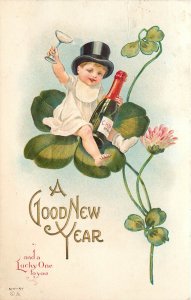 1910 Embossed New Year Postcard Nash 57. Baby in Clover w/ Top Hat & Champagne