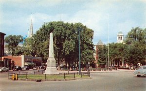 Leominster MA Business Section Storefronts Old Cars Monument Postcard