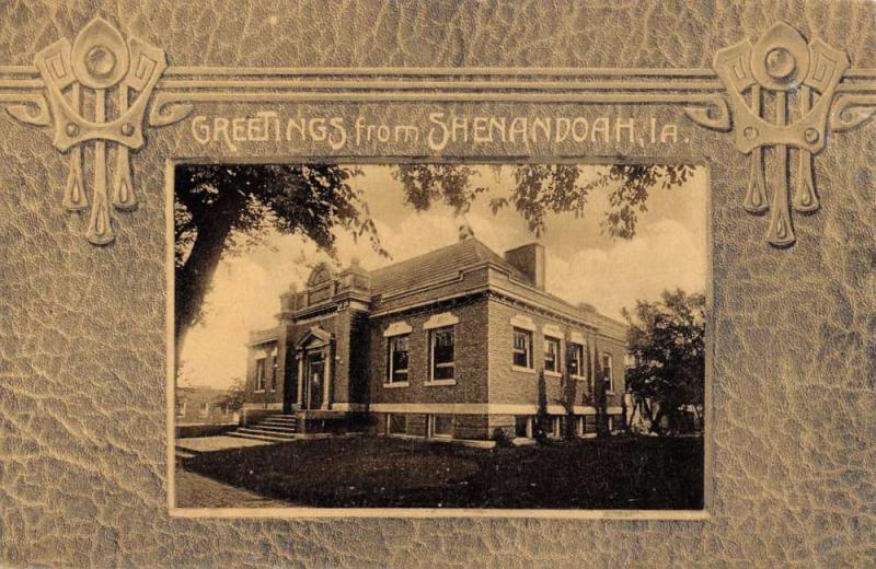 Shenandoah Iowa Library Historic Bldg Street View Antique Postcard K54701