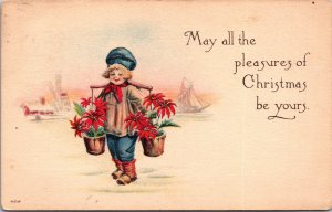 Postcard Christmas Dutch carrying Poinsettias with Yoke Pink of Perfection 1915