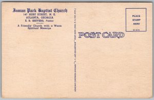 Vtg Atlanta Georgia GA Inman Park Baptist Church 1950s Linen View Postcard