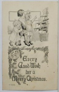 Christmas Greetings Santa Face Children Admiring Tree Sketch Style Postcard T1