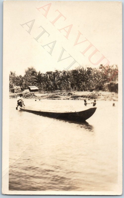 c1900s Asian Boat Canoe RPPC Swim Children South China Philippines? Tropic A187