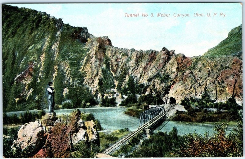c1910s Utah Union Pacific Railway Tunnel 3 Weber Canyon Bridge Man Postcard A119