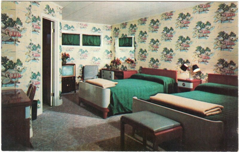 Lake George Village NY Burton's Marine Village Motel Interior 1950s Postcard
