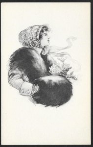Portrait of Beautiful Lady in Hat Winter Coat & Muff Unused c1910s