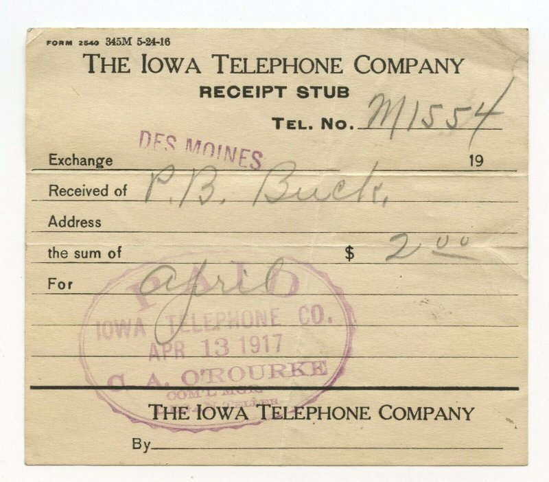 The Iowa Telephone Company Receipt Stub Apr 13, 1917 