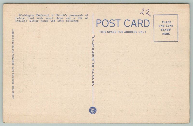 Detroit Michigan~Industrial Bank & Book Cadillac Hotel~1940s Linen Postcard