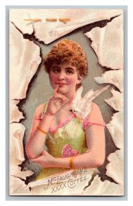 1880's McLaughlin's Coffee Victorian Trade Card Beautiful Woman Dove On Shoulder