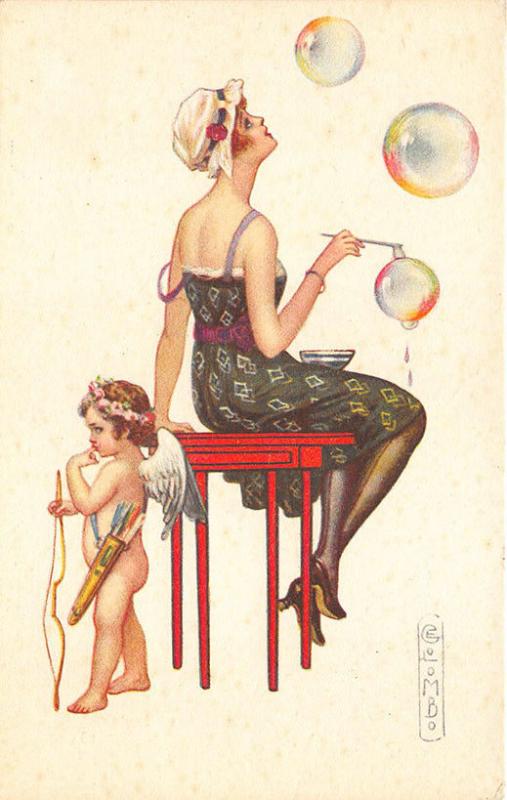 Beautiful Woman Blowing Bubbles Cupid  Arrows Signed Colombo Postcard