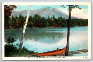 Maine~Mt Katahdin Loftiest Peak~Lake Scene~Canoe Boat~Reflection~1920s Postcard
