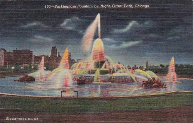 Illinois Chicago Buckingham Fountain By Night 1945 Curteich
