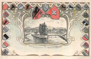 GENEVE NATIONAL MONUMENT SWITZERLAND COAT OF ARMS EMBOSSED POSTCARD (c. 1900) **