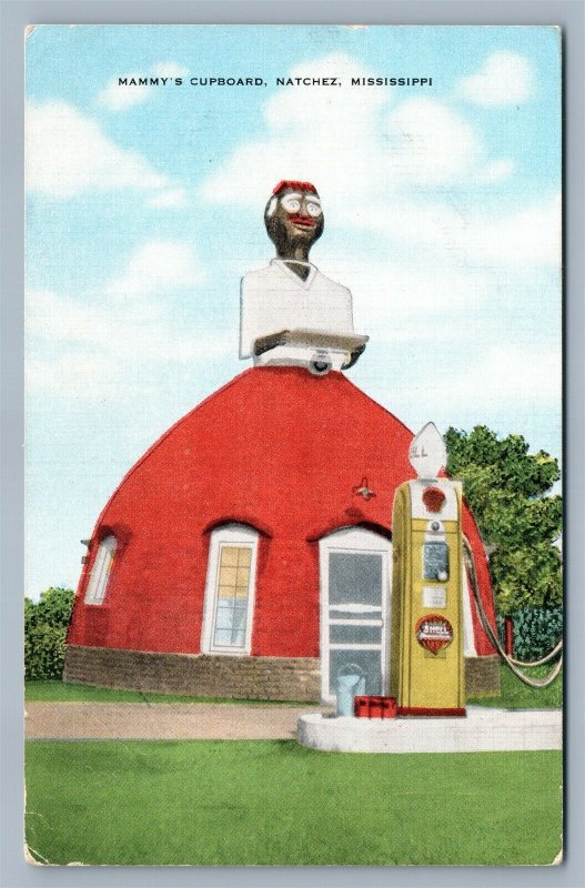 MAMMY'S CUPBOARD NATCHEZ MS 1954 VINTAGE POSTCARD GAS STATION