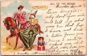 Circus Clown Bareback Rider Horse c1912 All To The Merry Vintage Postcard M13