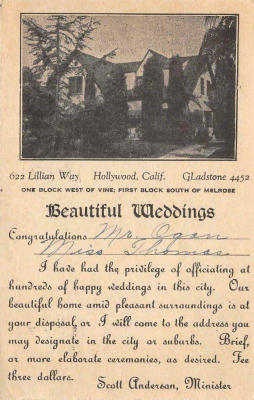 622 Lillian Way, Hollywood, CA Weddings Scott Anderson, Minister 1936 Postcard 