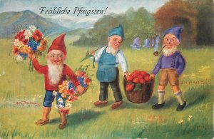 Pentecost fantasy greetings postcard drawn dwarfs 1929 Germanstamp Zug Bahnpost