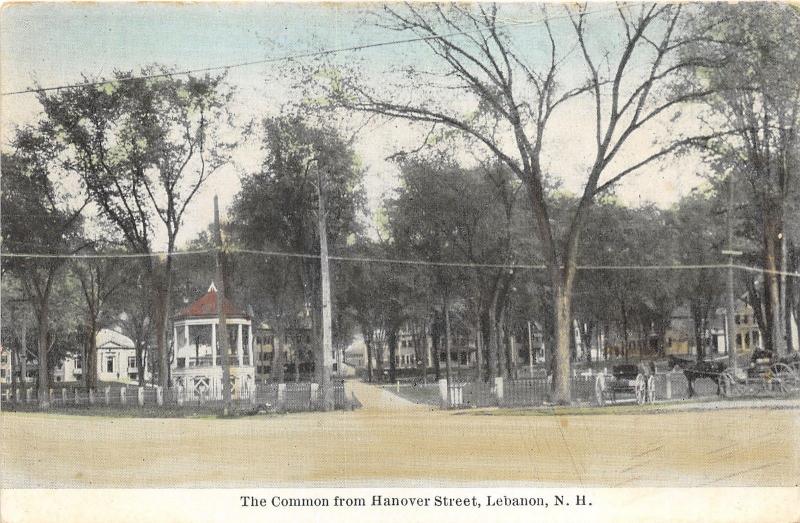 Lebanon New Hampshire~Common from Hanover Street~Gazebo~Horse Carriages~c1910