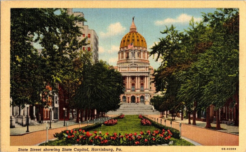 State Street Capitol Harrisburg PA Pennsylvania Linen Postcard Unposted Vintage 